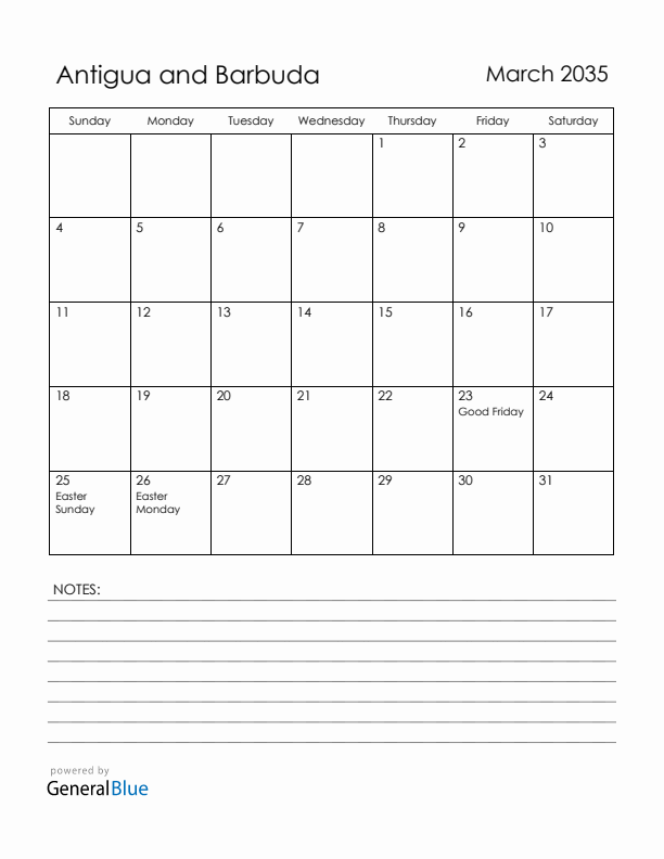 March 2035 Antigua and Barbuda Calendar with Holidays (Sunday Start)