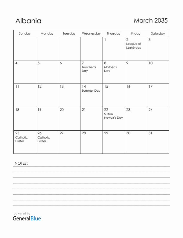 March 2035 Albania Calendar with Holidays (Sunday Start)