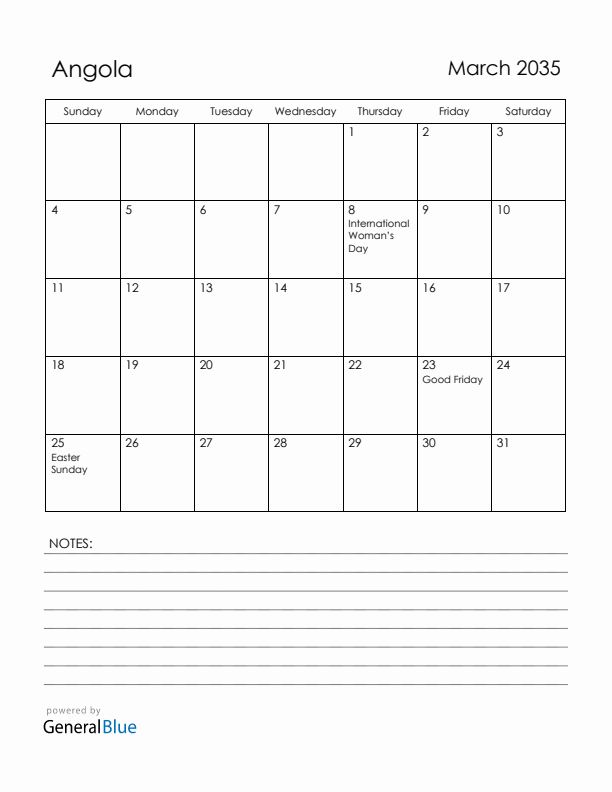 March 2035 Angola Calendar with Holidays (Sunday Start)