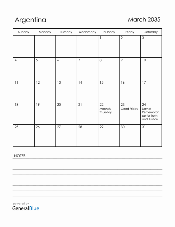 March 2035 Argentina Calendar with Holidays (Sunday Start)