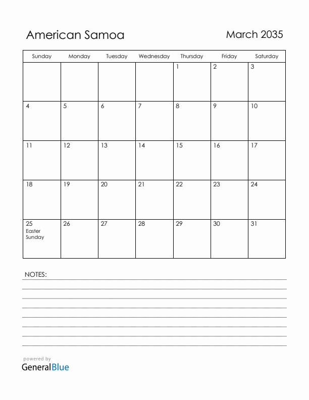 March 2035 American Samoa Calendar with Holidays (Sunday Start)