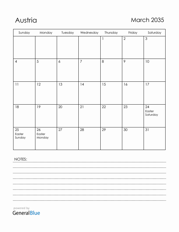 March 2035 Austria Calendar with Holidays (Sunday Start)