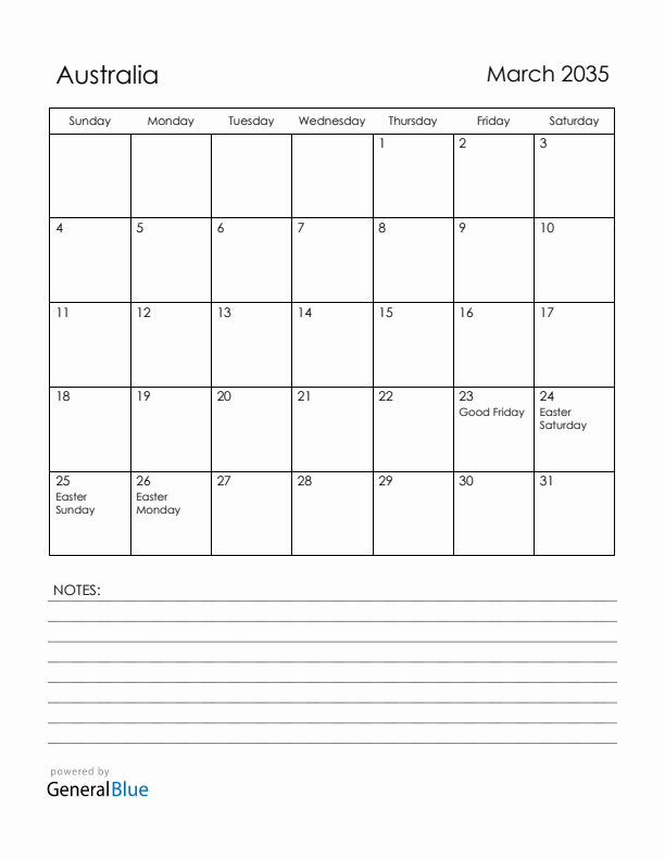 March 2035 Australia Calendar with Holidays (Sunday Start)