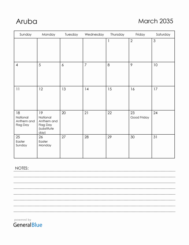 March 2035 Aruba Calendar with Holidays (Sunday Start)