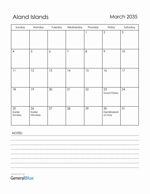 March 2035 Aland Islands Calendar with Holidays (Sunday Start)