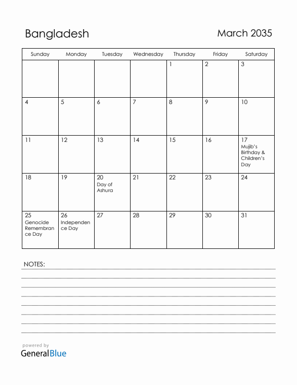 March 2035 Bangladesh Calendar with Holidays (Sunday Start)