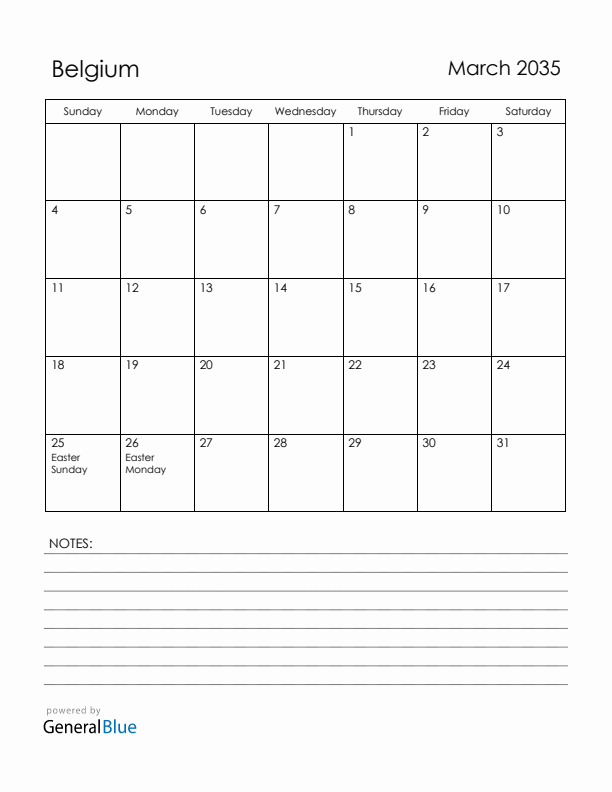March 2035 Belgium Calendar with Holidays (Sunday Start)