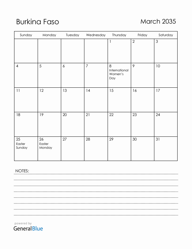 March 2035 Burkina Faso Calendar with Holidays (Sunday Start)