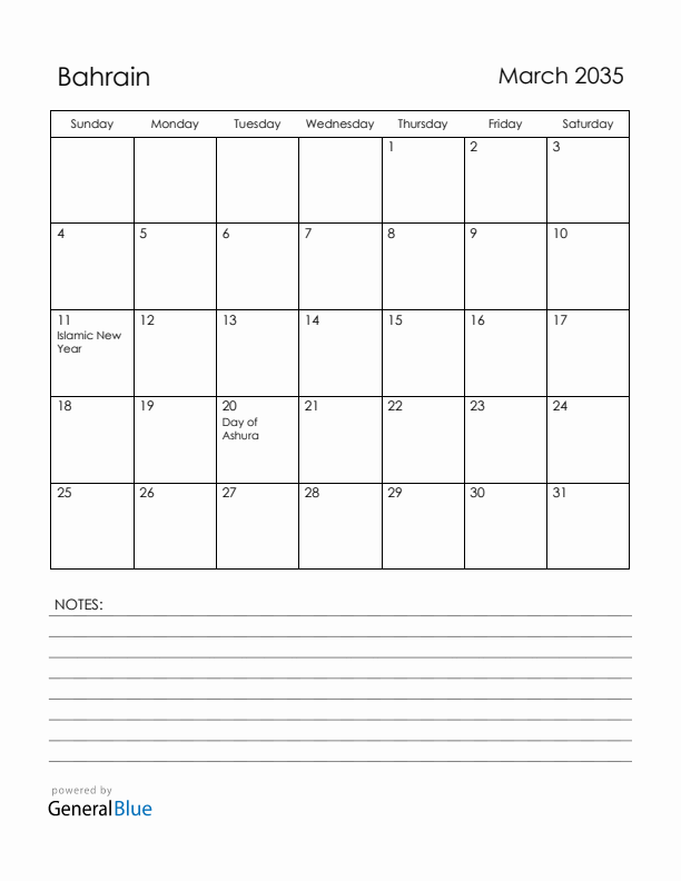 March 2035 Bahrain Calendar with Holidays (Sunday Start)