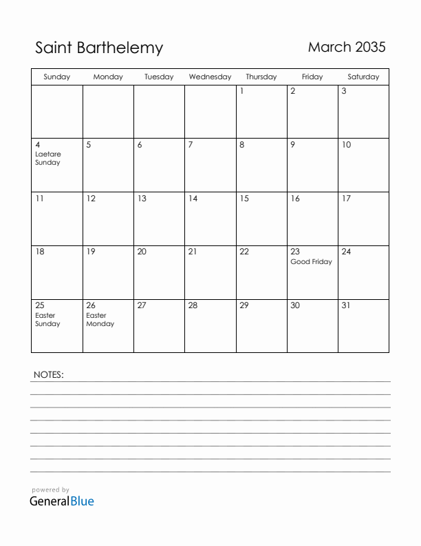 March 2035 Saint Barthelemy Calendar with Holidays (Sunday Start)