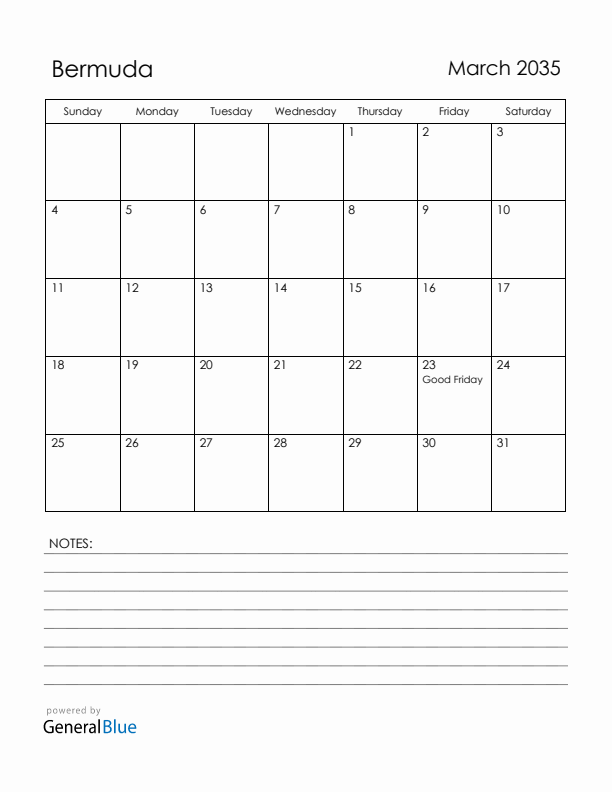 March 2035 Bermuda Calendar with Holidays (Sunday Start)