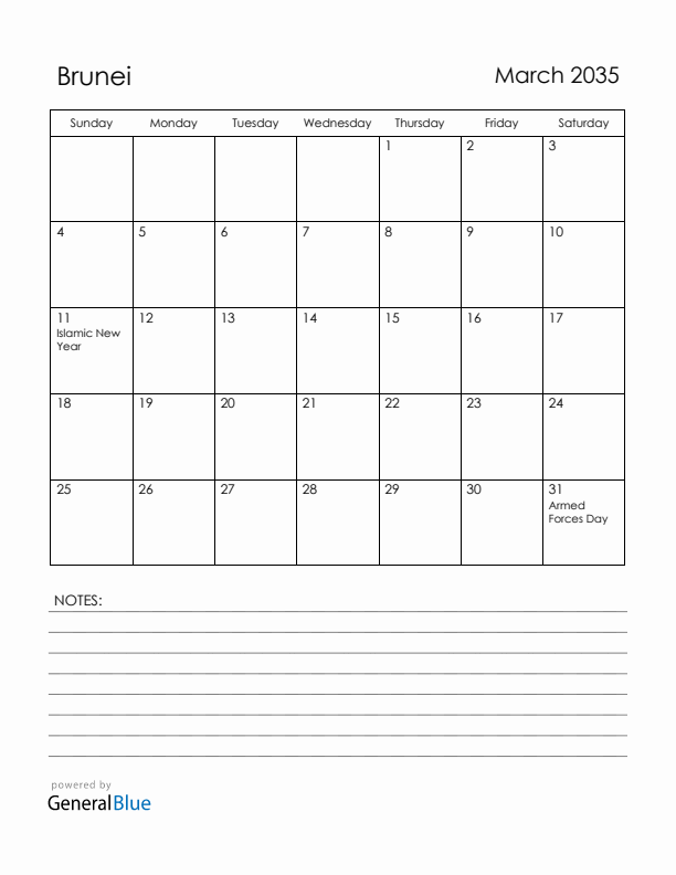 March 2035 Brunei Calendar with Holidays (Sunday Start)