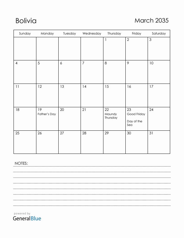 March 2035 Bolivia Calendar with Holidays (Sunday Start)