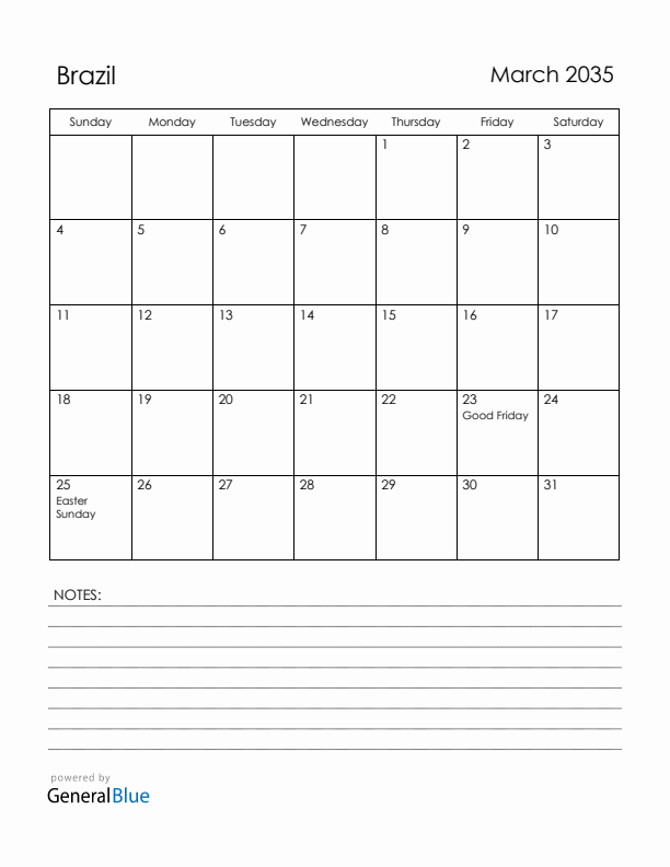 March 2035 Brazil Calendar with Holidays (Sunday Start)