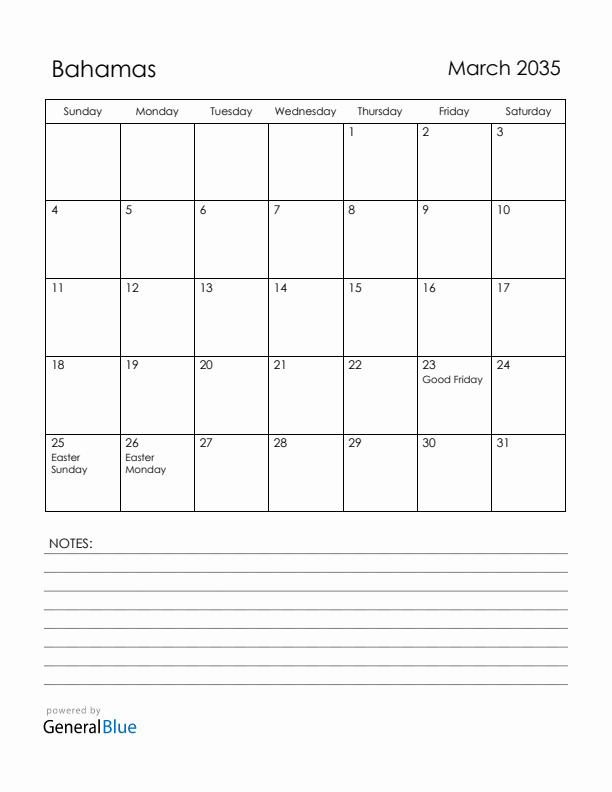 March 2035 Bahamas Calendar with Holidays (Sunday Start)
