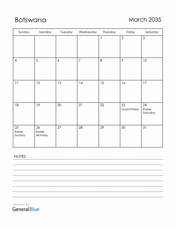 March 2035 Botswana Calendar with Holidays (Sunday Start)