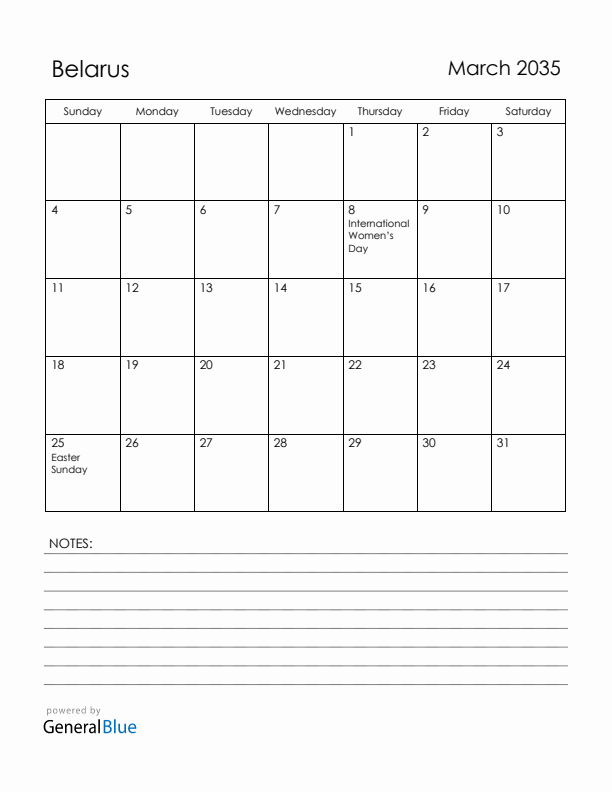 March 2035 Belarus Calendar with Holidays (Sunday Start)