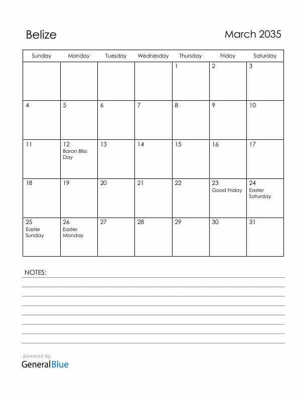 March 2035 Belize Calendar with Holidays (Sunday Start)