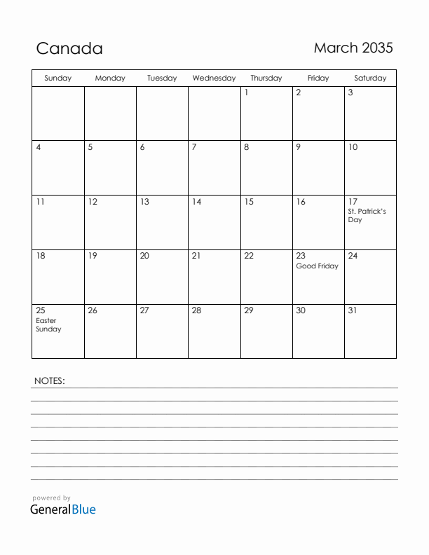 March 2035 Canada Calendar with Holidays (Sunday Start)
