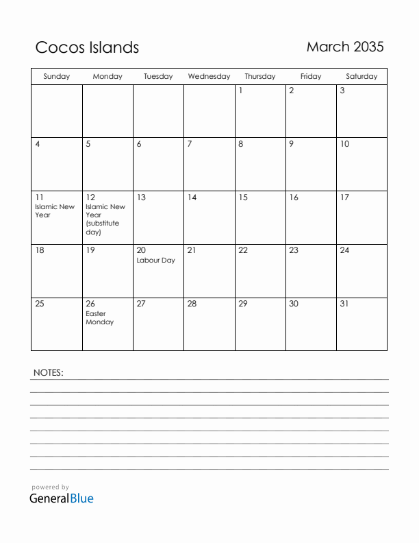 March 2035 Cocos Islands Calendar with Holidays (Sunday Start)