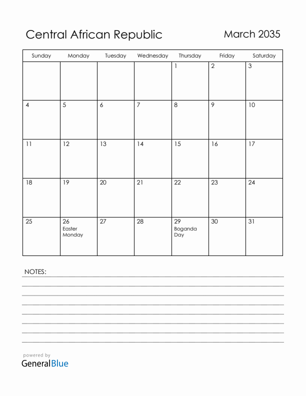 March 2035 Central African Republic Calendar with Holidays (Sunday Start)