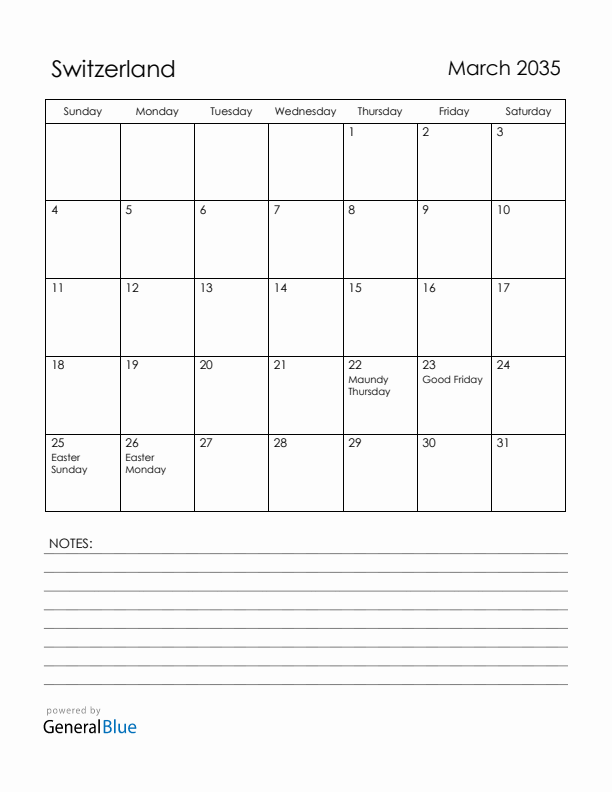 March 2035 Switzerland Calendar with Holidays (Sunday Start)