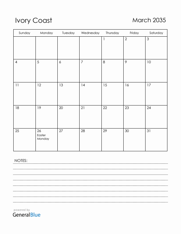 March 2035 Ivory Coast Calendar with Holidays (Sunday Start)