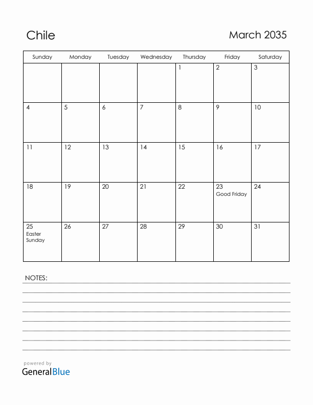 March 2035 Chile Calendar with Holidays (Sunday Start)