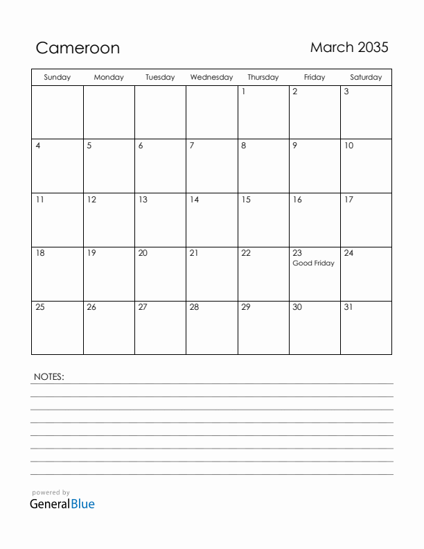 March 2035 Cameroon Calendar with Holidays (Sunday Start)
