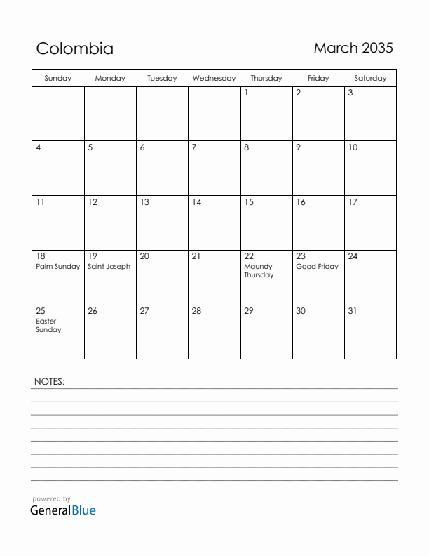 March 2035 Colombia Calendar with Holidays (Sunday Start)