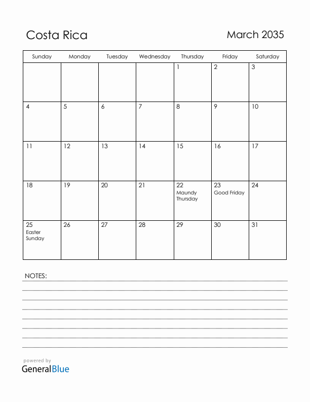 March 2035 Costa Rica Calendar with Holidays (Sunday Start)