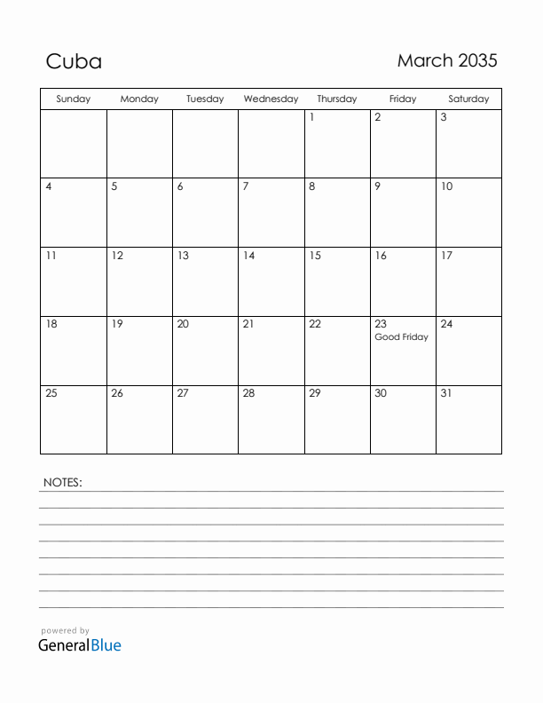 March 2035 Cuba Calendar with Holidays (Sunday Start)