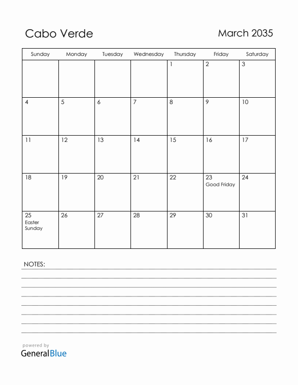 March 2035 Cabo Verde Calendar with Holidays (Sunday Start)