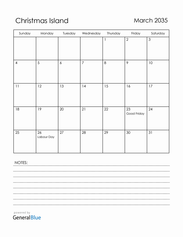 March 2035 Christmas Island Calendar with Holidays (Sunday Start)
