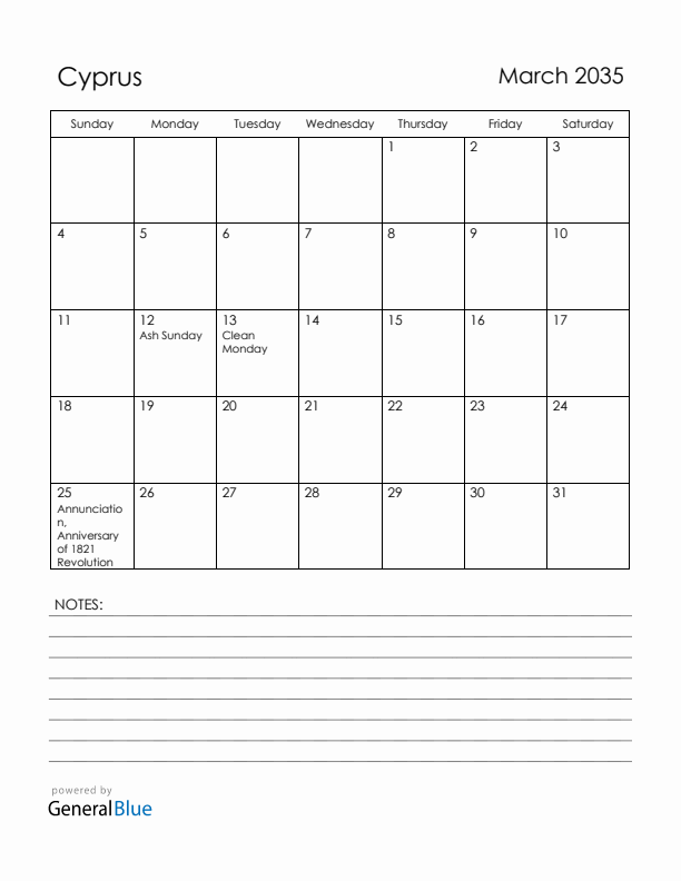 March 2035 Cyprus Calendar with Holidays (Sunday Start)