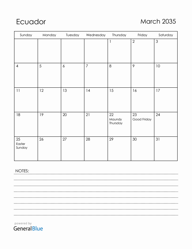 March 2035 Ecuador Calendar with Holidays (Sunday Start)