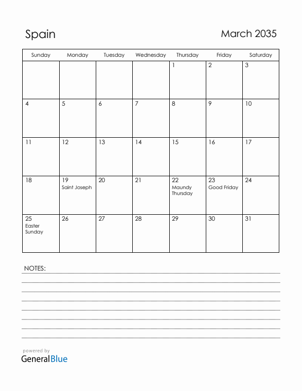 March 2035 Spain Calendar with Holidays (Sunday Start)
