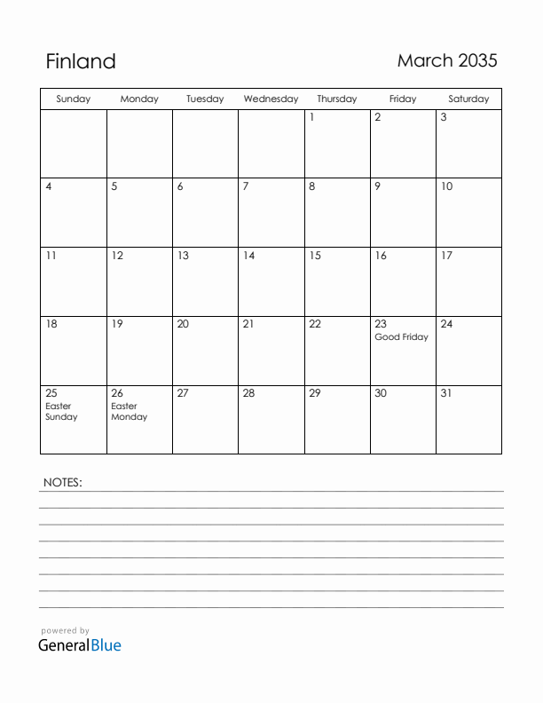 March 2035 Finland Calendar with Holidays (Sunday Start)