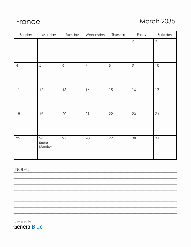 March 2035 France Calendar with Holidays (Sunday Start)