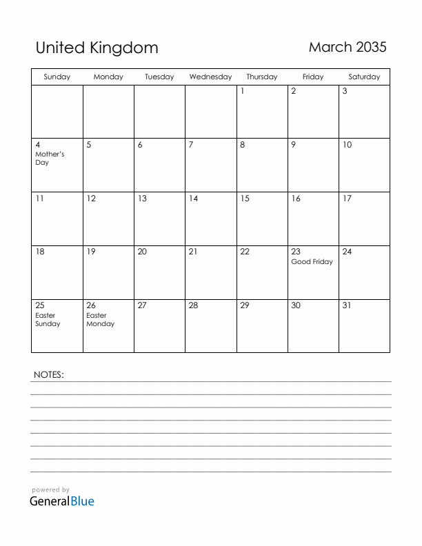 March 2035 United Kingdom Calendar with Holidays (Sunday Start)