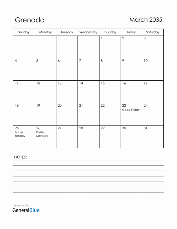 March 2035 Grenada Calendar with Holidays (Sunday Start)