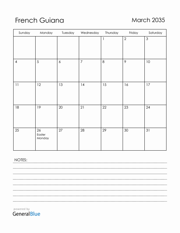 March 2035 French Guiana Calendar with Holidays (Sunday Start)