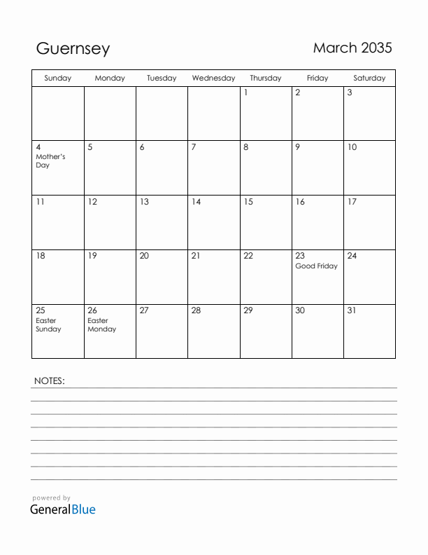 March 2035 Guernsey Calendar with Holidays (Sunday Start)