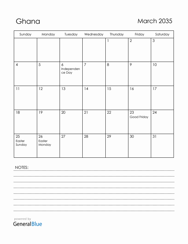 March 2035 Ghana Calendar with Holidays (Sunday Start)