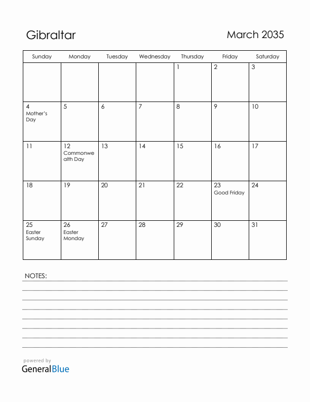 March 2035 Gibraltar Calendar with Holidays (Sunday Start)