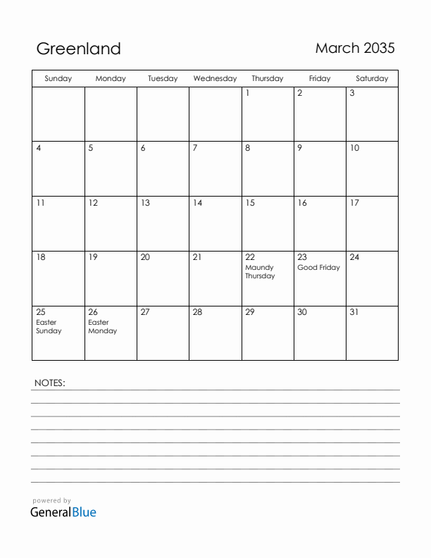 March 2035 Greenland Calendar with Holidays (Sunday Start)