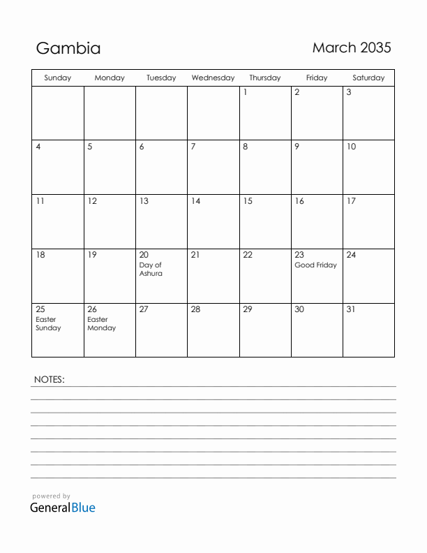 March 2035 Gambia Calendar with Holidays (Sunday Start)
