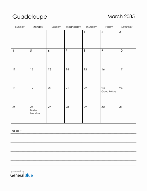 March 2035 Guadeloupe Calendar with Holidays (Sunday Start)