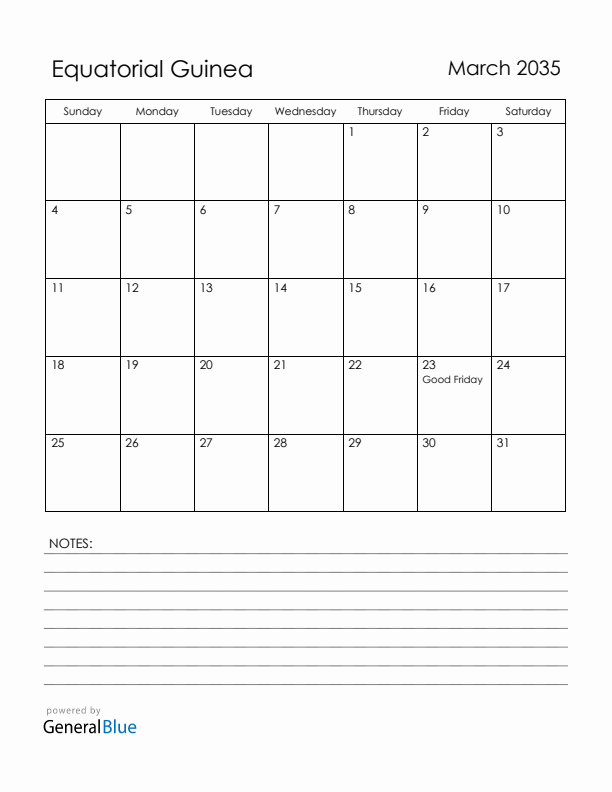 March 2035 Equatorial Guinea Calendar with Holidays (Sunday Start)