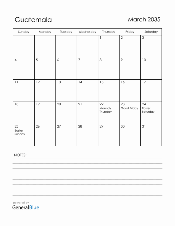March 2035 Guatemala Calendar with Holidays (Sunday Start)